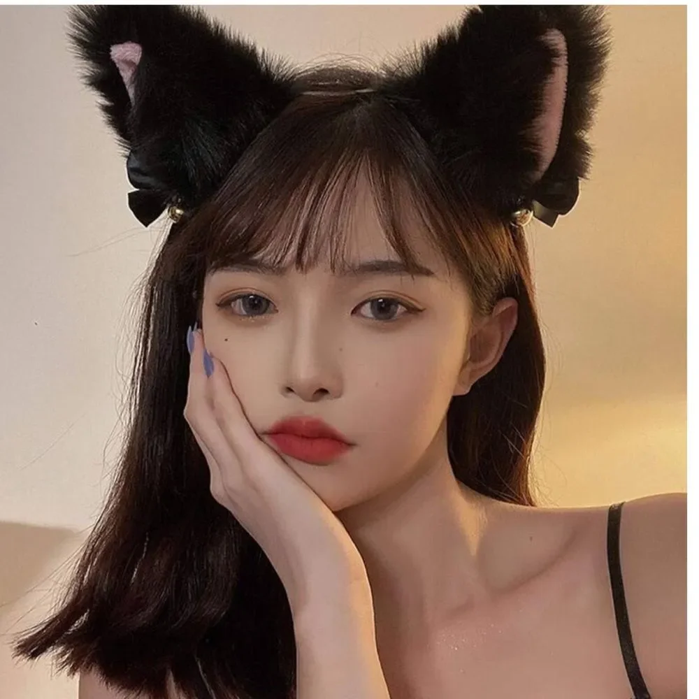 Cat Ears Fox Headband Cosplay Fluffy Ribbon Bell Furry Faux Fur Halloween pink